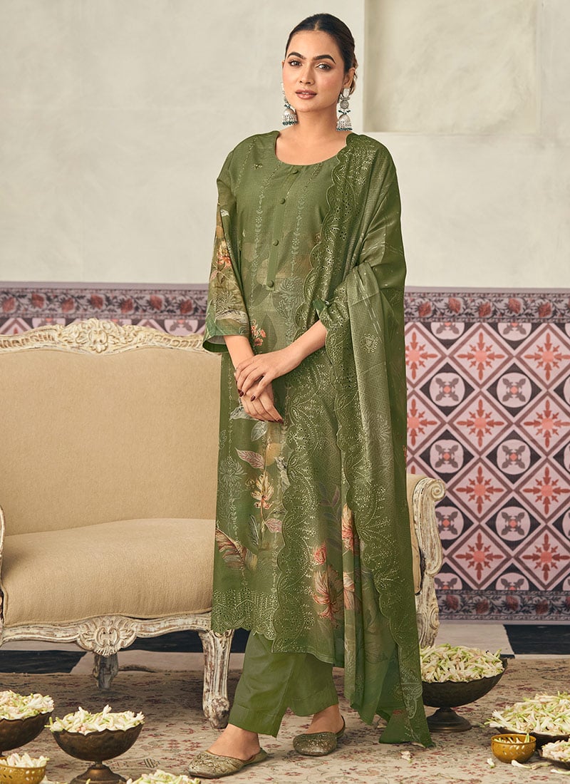 Olive Green Cotton Digital Print Straight Pant Suit After Six Wear