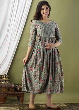 Olive Green Cotton Printed Dress