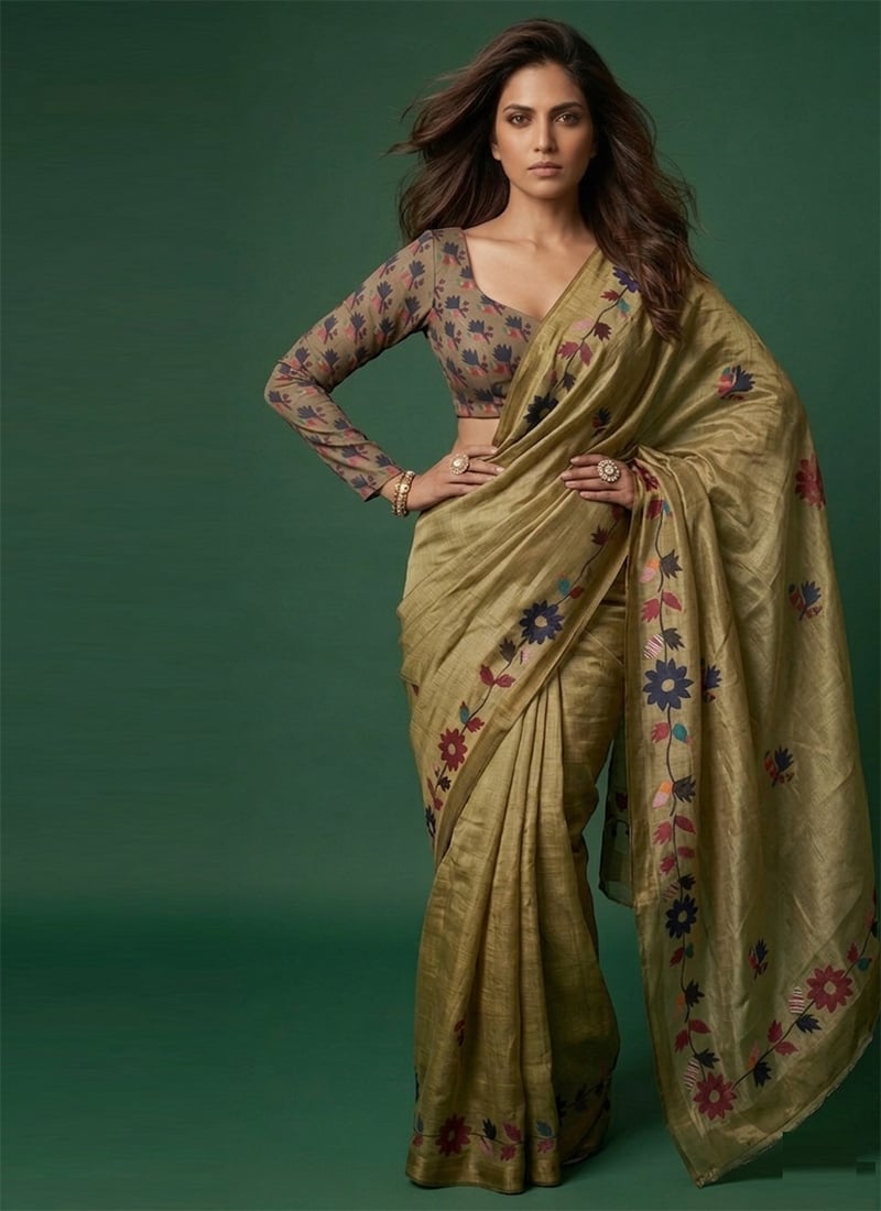 Olive Green Cotton Printed Saree Festive Wear