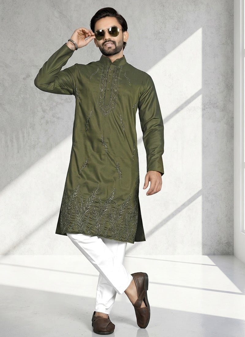Olive Green Cotton Silk Embroidered Mens Kurta