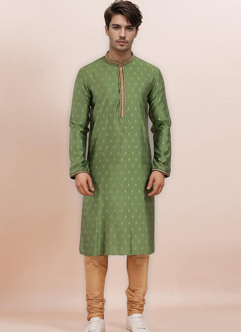 Olive Green Cotton Silk Jacquard Kurta Pyjama