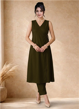 Olive Green Cotton Sleeveless Wrap Style Kurta Pant