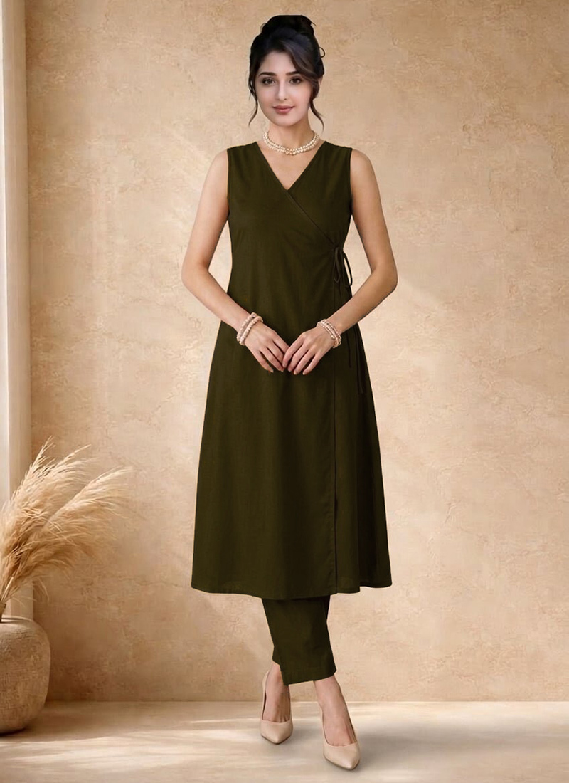 Olive Green Cotton Sleeveless Wrap Style Kurta Pan Festive Wear