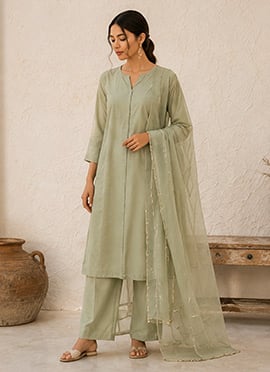 Olive Green Cotton Straight Suit