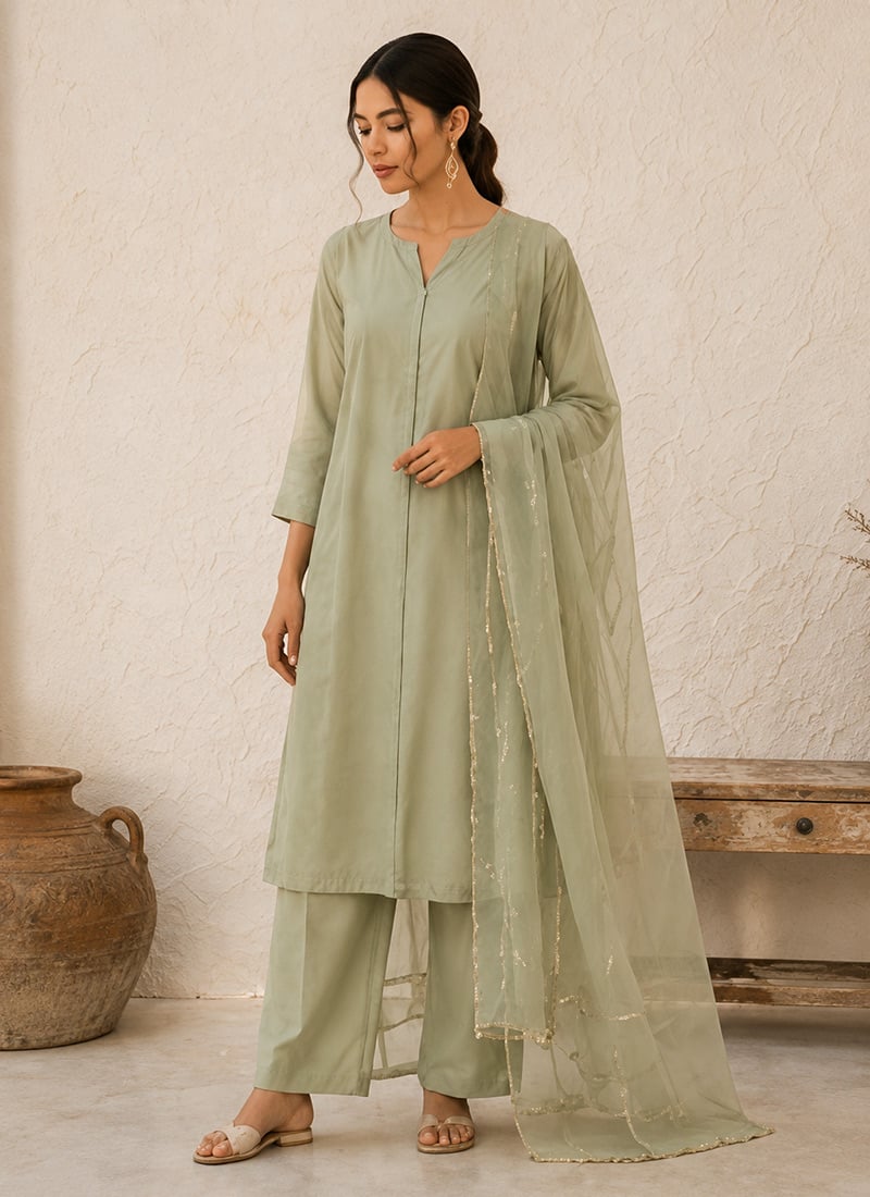 Olive Green Cotton Straight Suit After Six Wear
