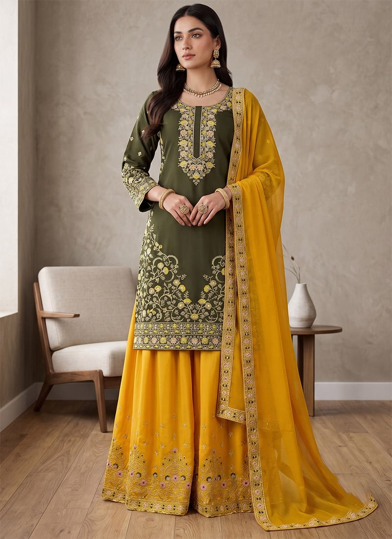 Olive Green Crepe Embroidered Sequins Palazzo Suit Festive Wear