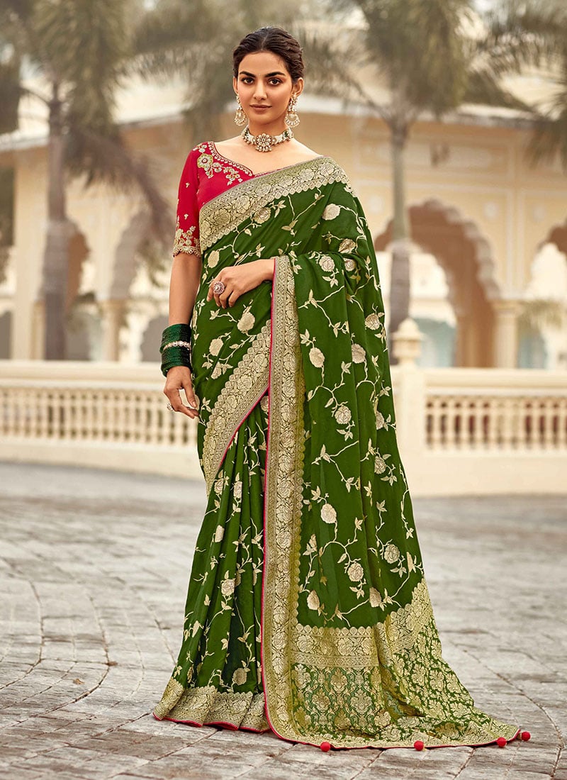 Olive Green Dola Silk Jacquard Zari Embroidered Sequins With Beads Work Saree