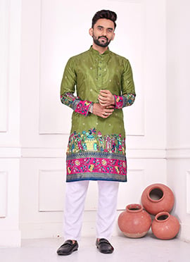 Olive Green Dola Silk Patola Foil Print Kurta Pyjama