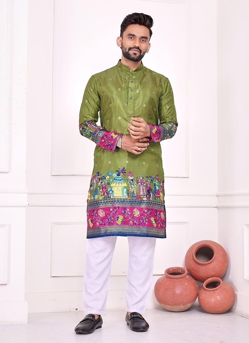 Olive Green Dola Silk Patola Foil Print Kurta Pyjama Festive Wear