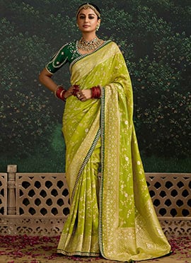 Olive Green Embroidered And Sequins Thread Work Saree