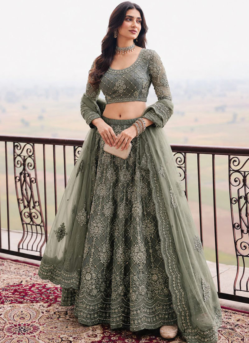 Olive Green Embroidered Soft Net Lehenga Wedding Wear