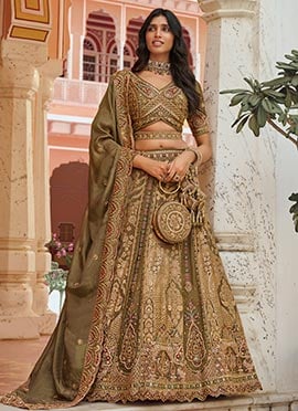 Olive Green Embroidered Zari Sequins With Stone Work Banarasi Silk Lehenga
