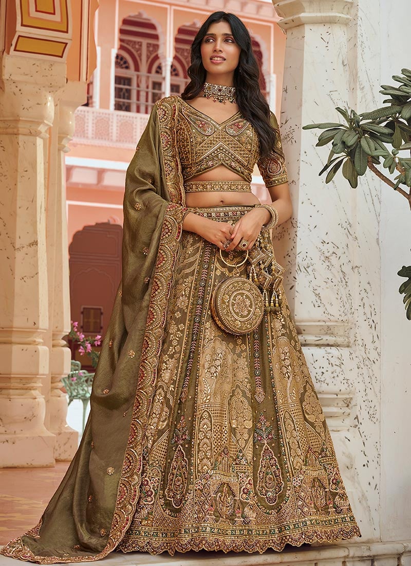 Olive Green Embroidered Zari Sequins With Stone Work Banarasi Silk Lehenga Wedding Wear