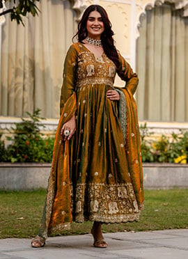 Olive Green Fandy Satin Embroidered Anarkali Suit