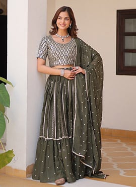Olive Green Faux Georgette Embroidered Sequins Lehenga
