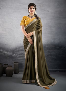 Olive Green Faux Georgette Embroidered Sequins Saree