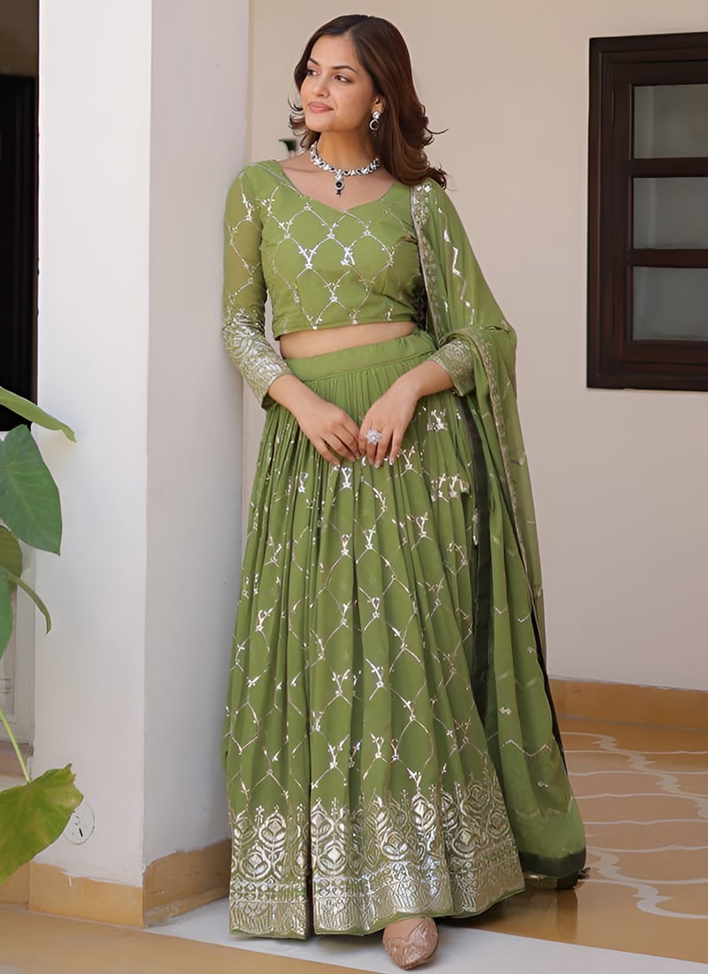 Olive Green Faux Georgette Gota Patti Umbrella Lehenga