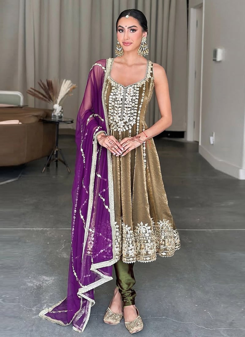 Olive Green Fendy Satin Zari Anarkali Suit Festive Wear