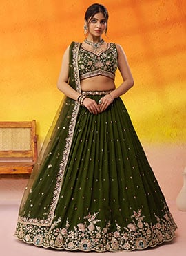Olive Green Georgette Embroidered Sequins And Beads Work Lehenga