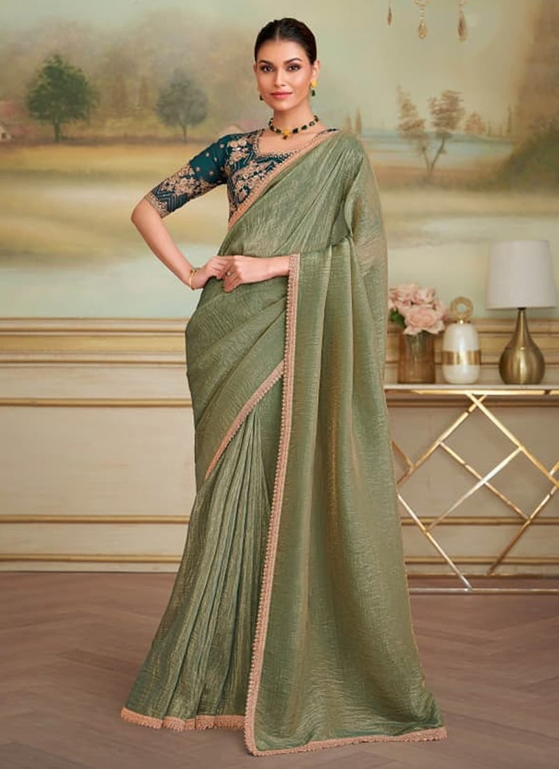 Olive Green Georgette Embroidered Sequins Saree Festive Wear