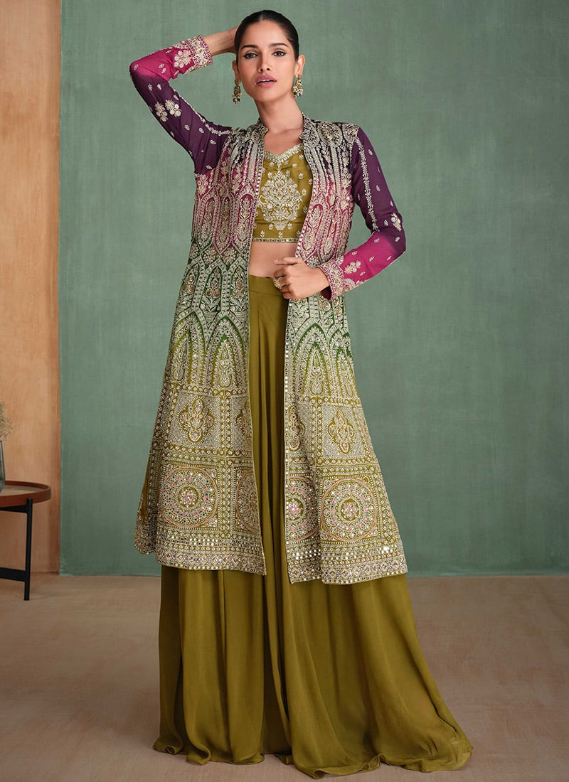 Olive Green Georgette Embroidered Stone Sequins Indowestern Jacket Palazzo Set Wedding Wear-IWSUSCC55185679