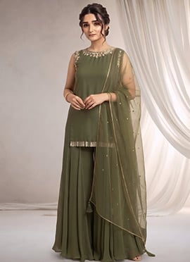 Olive Green Georgette Hand Embroidered Zari Sequins Sharara Suit