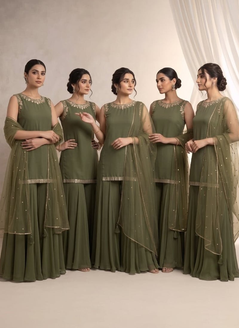 Olive Green Georgette Hand Embroidered Zari Sequins Sharara Suit Festive Wear