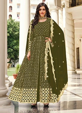 Olive Green Georgette Mirror Embroidered Anarkali Suit