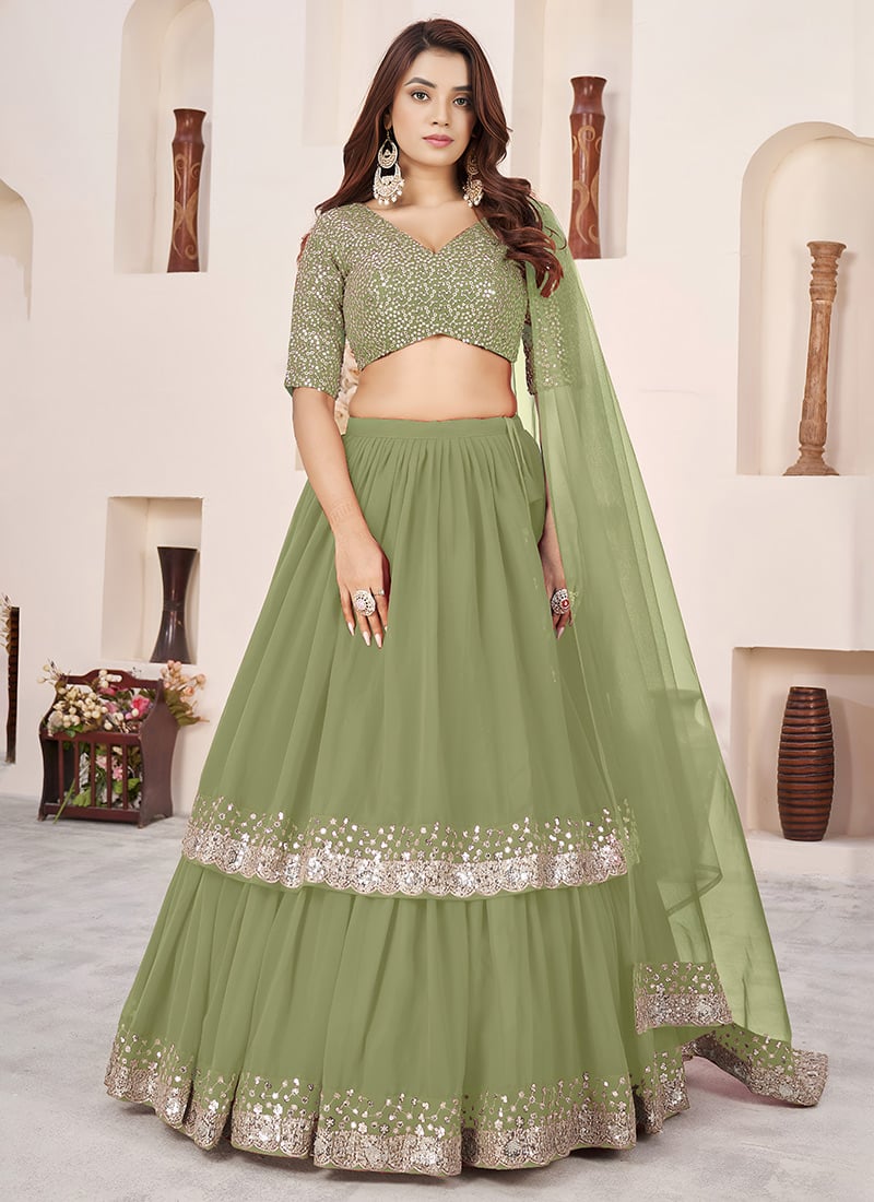 Olive Green Georgette Sequins Zari Embroidered Lehenga Wedding Wear