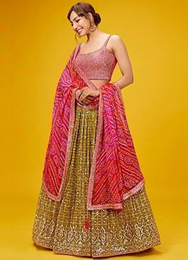 Olive Green Georgette Zari Embroidered Sequins Lehenga With Bandhini Print Dupatta