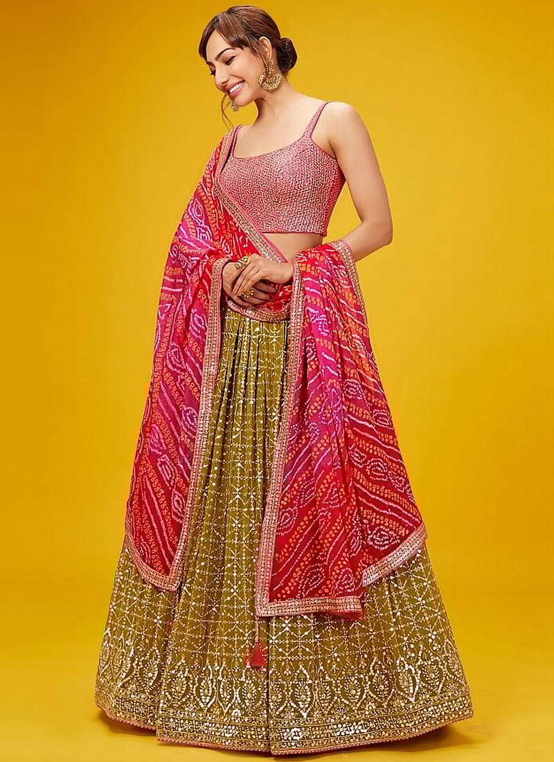 Olive Green Georgette Zari Embroidered Sequins Lehenga With Bandhini Print Dupatta Wedding Wear