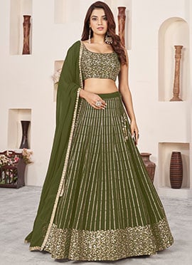 Olive Green Georgette Zari Embroidered Sequins Stunning Lehenga