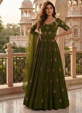 Olive Green Georgette Zari Sequins Embroidered Anarkali Suit