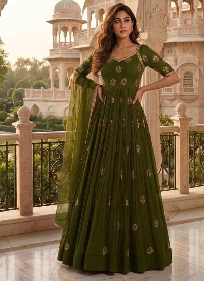 Olive Green Georgette Zari Sequins Embroidered Anarkali Suit Wedding Wear