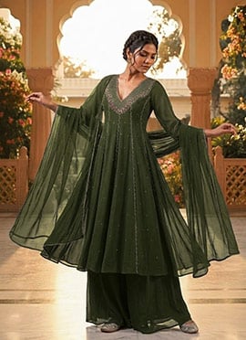 Olive Green Georgette Zari Sequins Foil Mirror Work Anarkali Suit