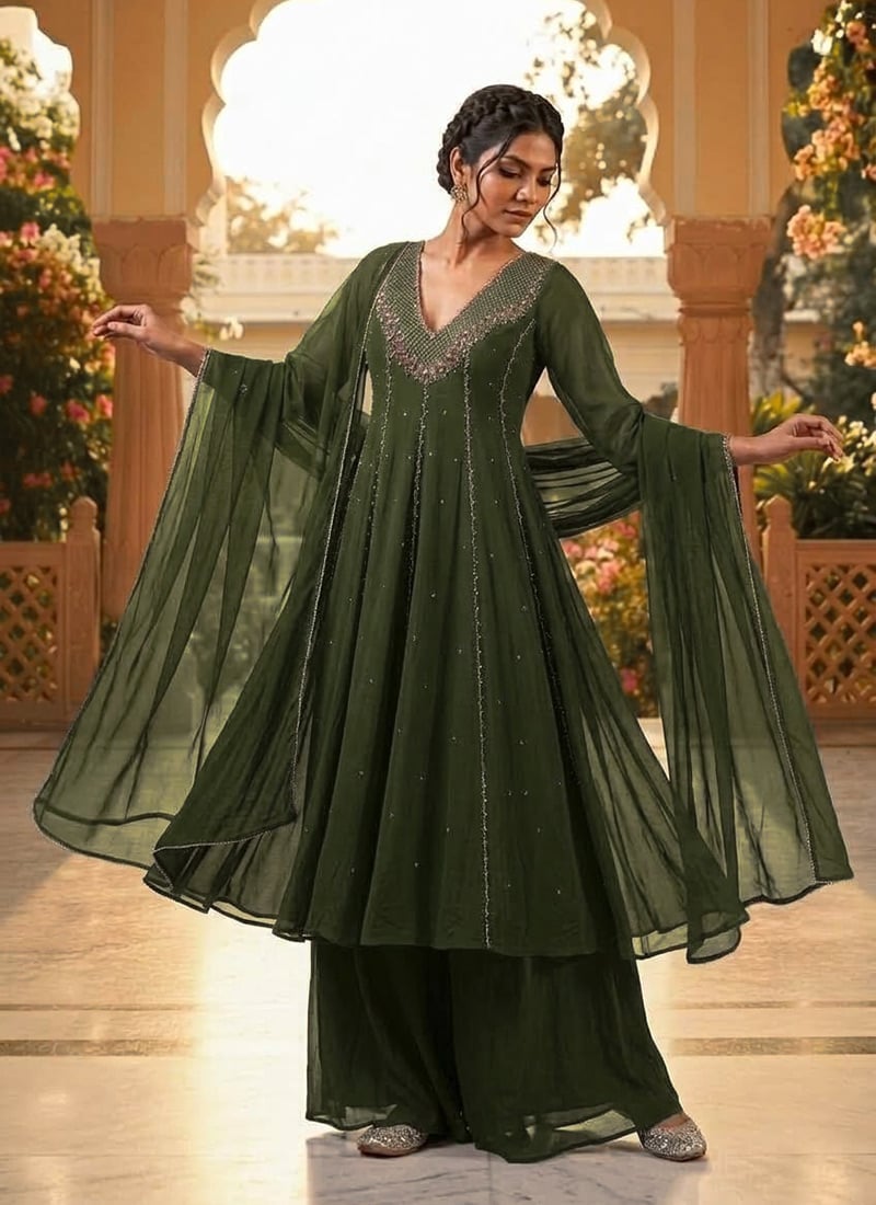 Olive Green Georgette Zari Sequins Foil Mirror Work Anarkali Suit After Six Wear