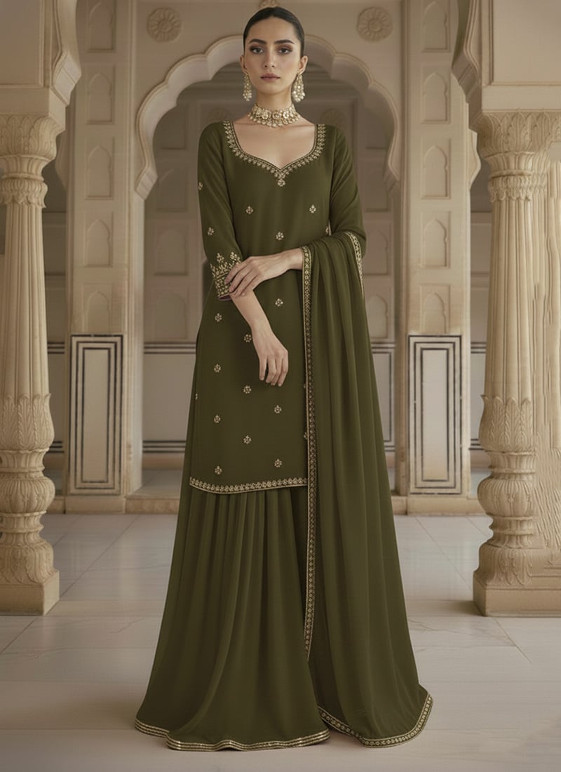 Olive Green Georgette Zari Sequins Sharara Suit Festive Wear