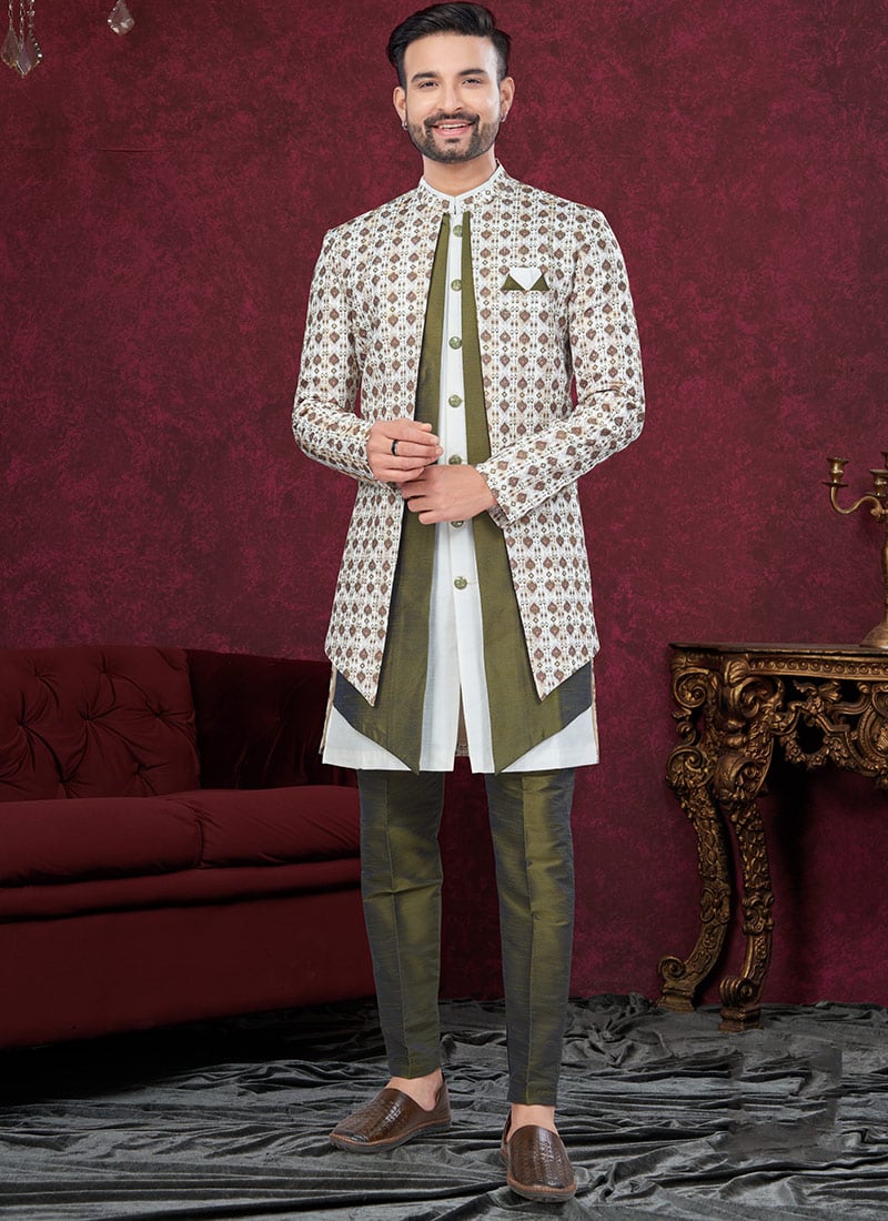 Olive Green Jacqard Banarasi Silk Digital Print Thread Work Indowestern Sherwani