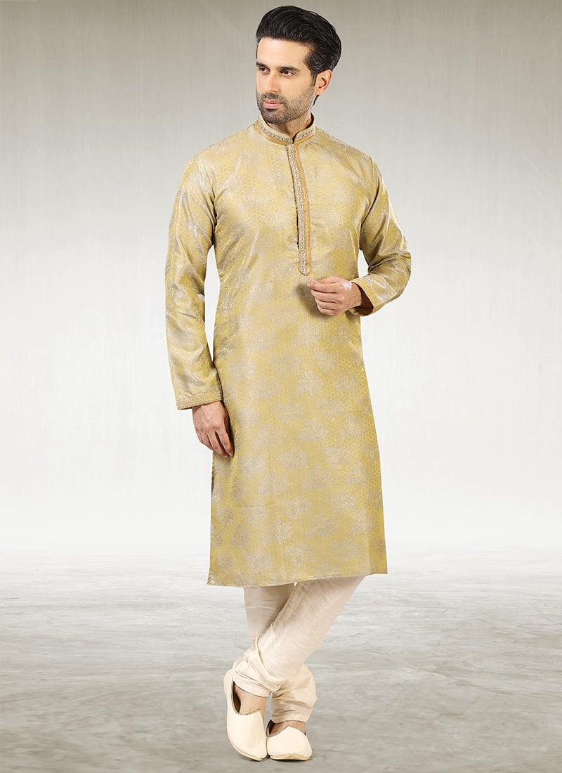Olive Green Jacquard Silk Brocade Kurta Pyjama Party Wear