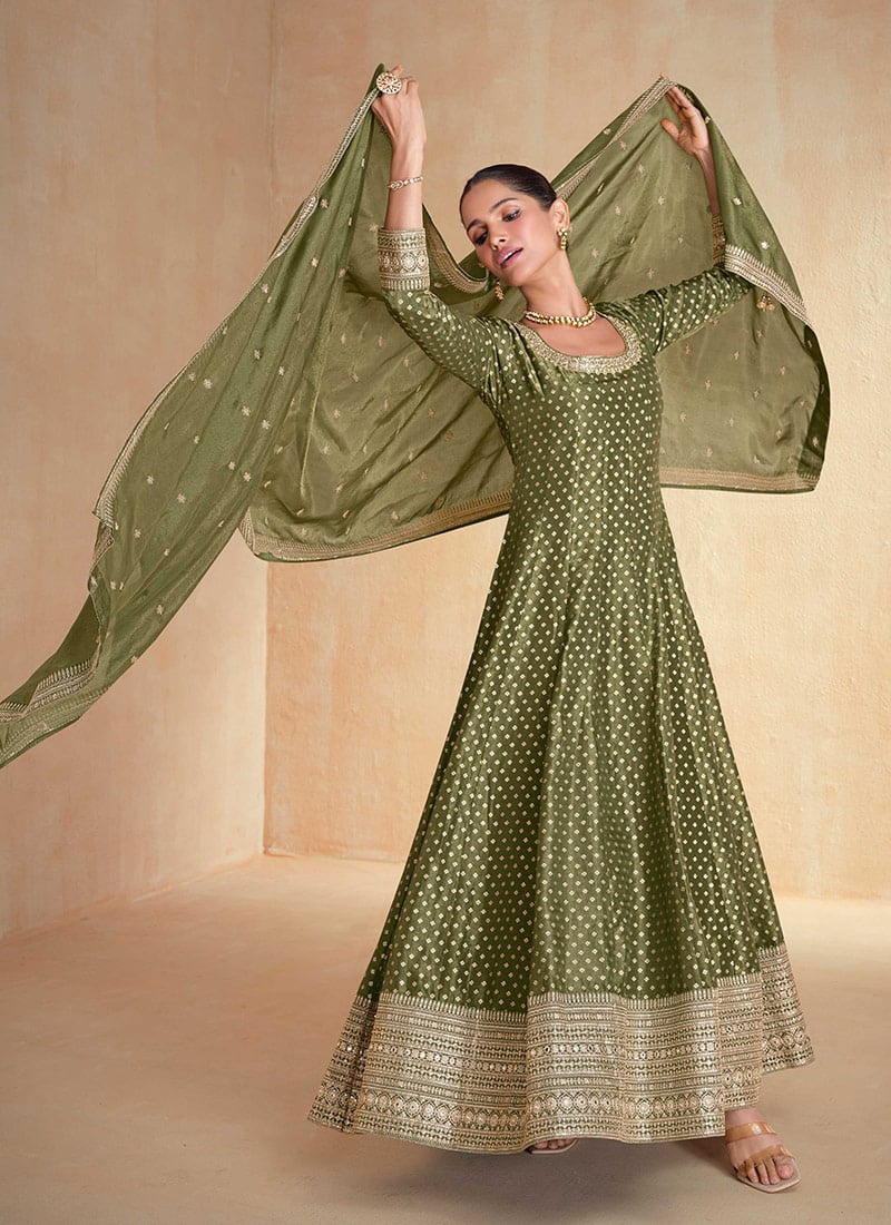Olive Green Jacquard Silk Embroidered Sequins A Line Anarkali Suit Festive Wear