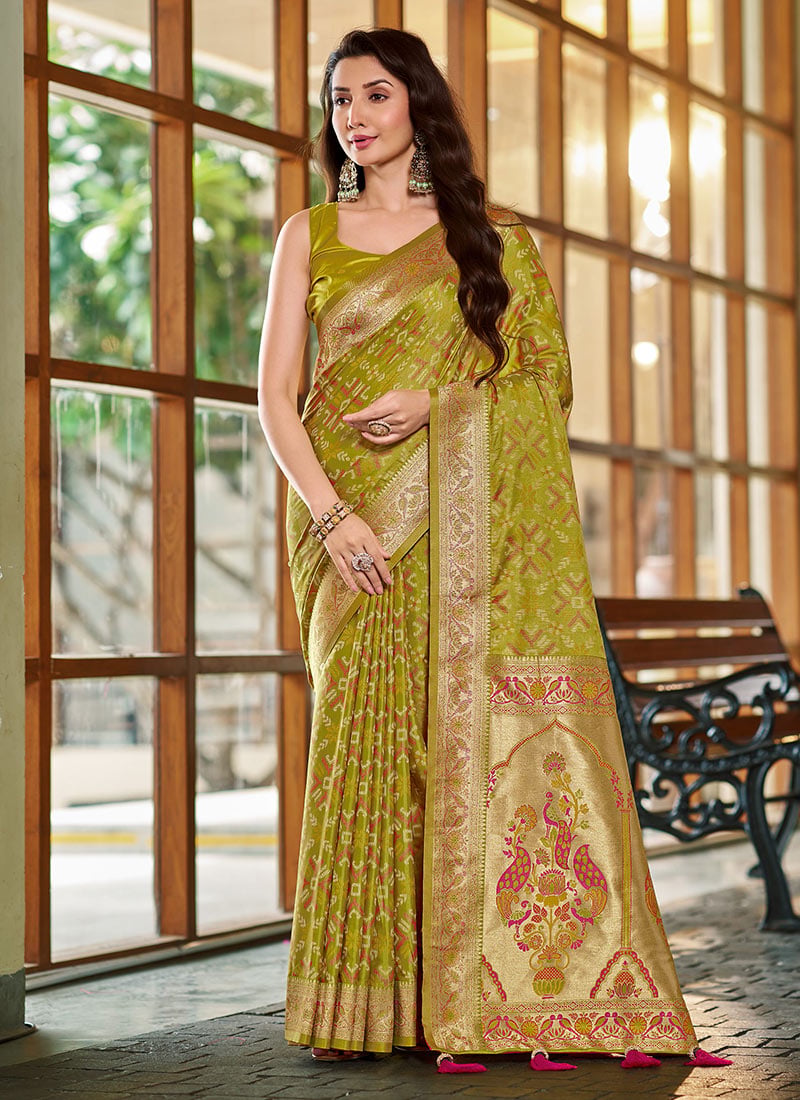 Olive Green Jacquard Woven Zari Border Patola Banarasi Satin Silk Saree Festive Wear