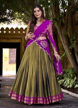 Olive Green Kanchipuram Silk Zari Embroidered Sequins Lehenga Festive Wear