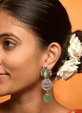Olive Green Kundan Long Dangle Earrings For Women
