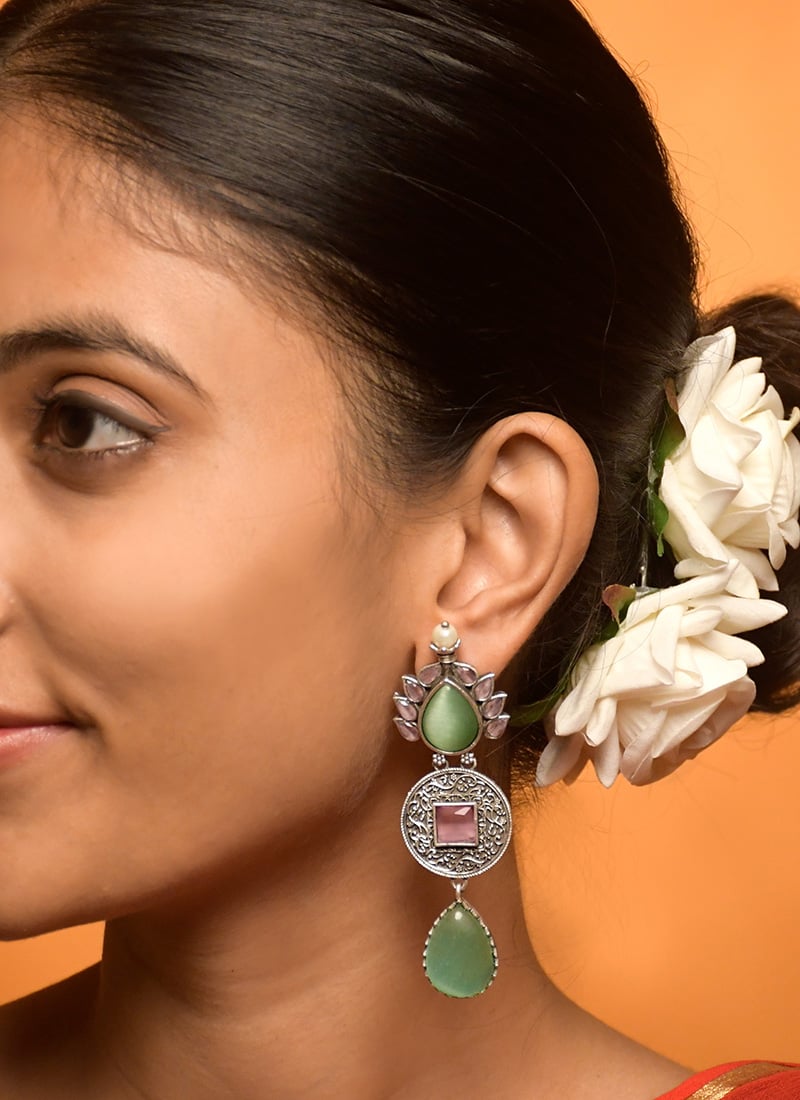 Olive Green Kundan Long Dangle Earrings For Women Festive Wear