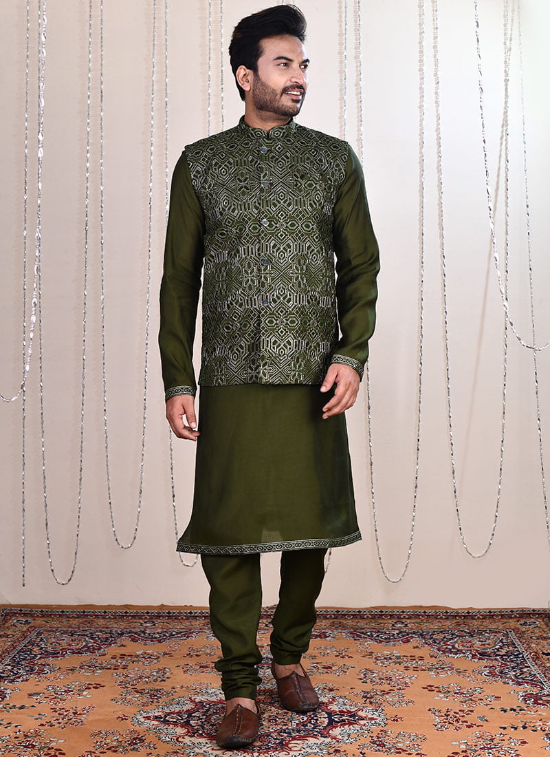 Olive Green Malai Silk Zari Embroidered Bandi Set For Men Festive Wear