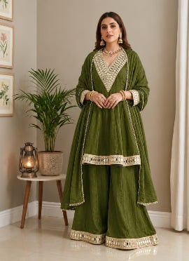 Olive Green Mirror Work Chinon Palazzo Suit
