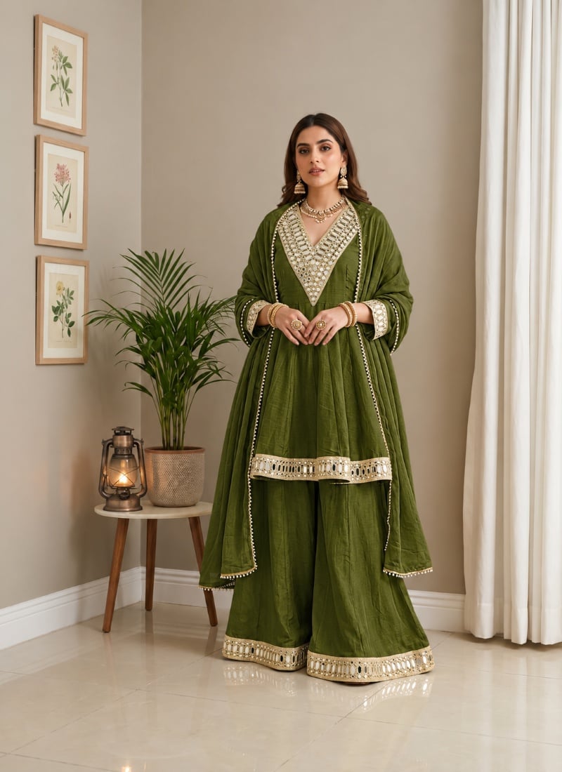 Olive Green Mirror Work Chinon Palazzo Suit After Six Wear