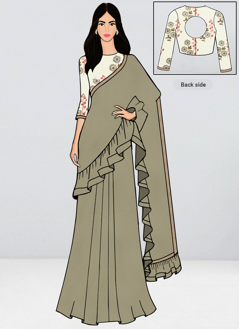 Olive Green Modal Satin Fabric Ruffle Saree Festive Wear
