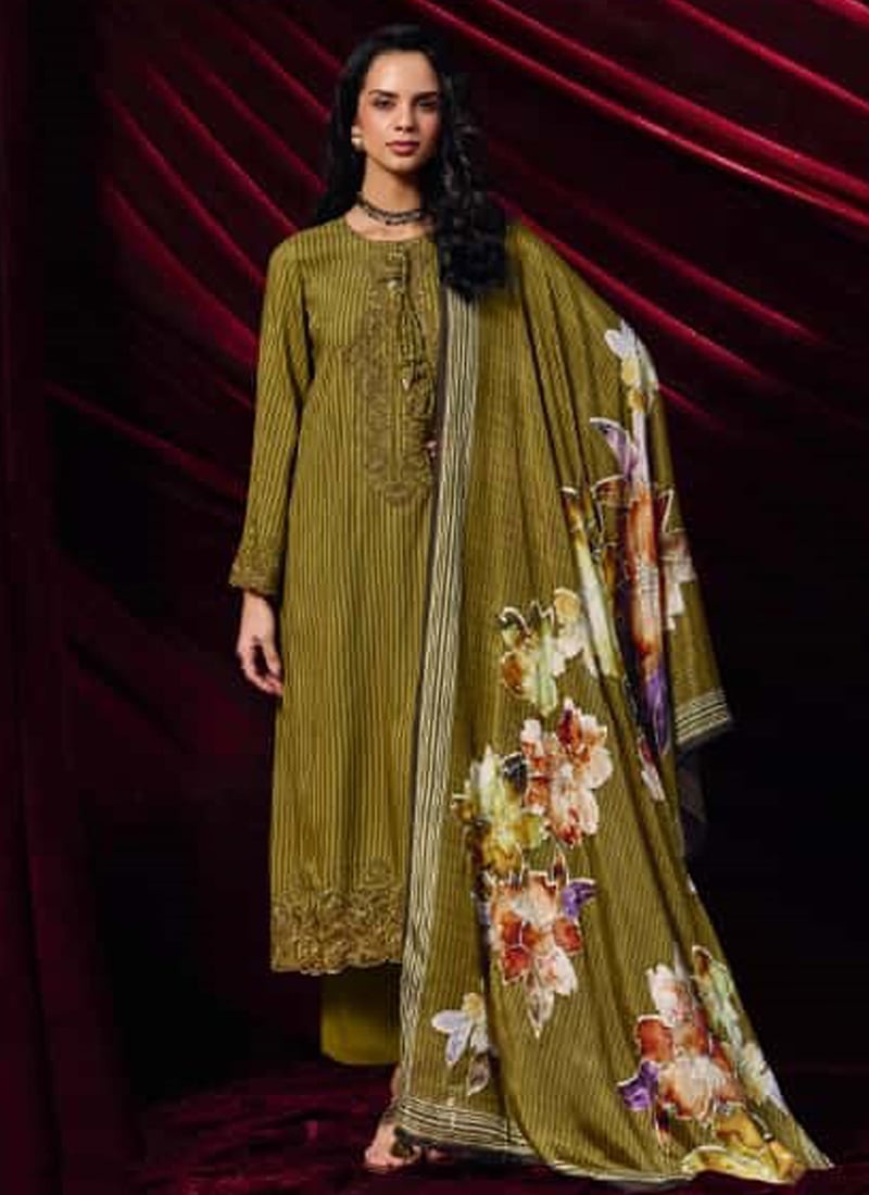 Olive Green Muslin Digital Print Straight Pant Suit After Six Wear