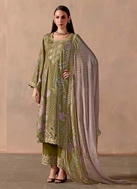Olive Green Muslin Digital Printed With Gota Work And Embroidered Straight Pant Suit
